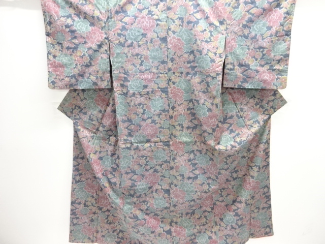 JAPANESE KIMONO / SILK / HAND WOVEN TSUMUGI / PEONY & FLOWERS